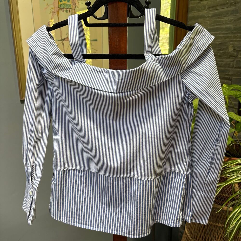 Allison Joy Blue White Striped Off-Shoulder Fitted Work Blouse size Small - Picture 4 of 6